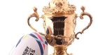The Webb Ellis Cup with a 2015 rugby ball ahead of this month’s tournament. Photograph: Dave Rogers/Getty Images)