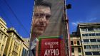 Banner with  image of former Greek prime minister and leader of Syriza party Alexis Tsipras at the party’s kiosk in Athens, Greece. Photograph: Alkis Konstantinidis/Reuters/Files