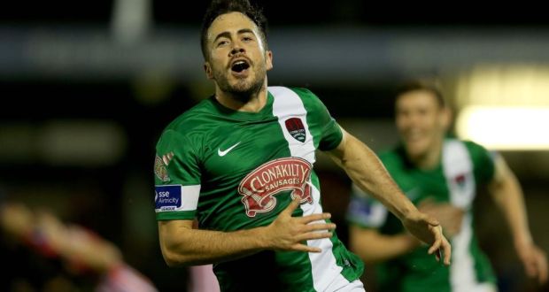 Ross Gaynor  celebrates after opening the scoring for Cork City in their FAI Cup quarter-final replay against Derry City at Turner’s Cross. Photograph: Donall Farmer/Inpho