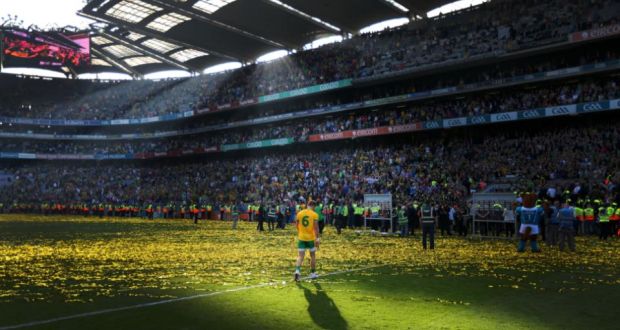 Donegal’s Karl Lacey returns to the dressing rooms after All-Ireland final defeat to Kerry in 2014. Photograph Cathal Noonan/Inpho