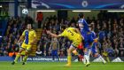 Diego Costa fires home Chelsea’s third goal in the Champions League Group G clash with Maccabi Tel Aviv at Stamford Bridge. Photograph: Stefan Wermuth/Reuters