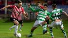 Patrick McEleney of Derry City takes on Shamrock Rovers pair Maxime Blanchard and Patrick Cregg during the Premier Division game at the Brandywell. Photograph: Lorcan Doherty/Inpho.