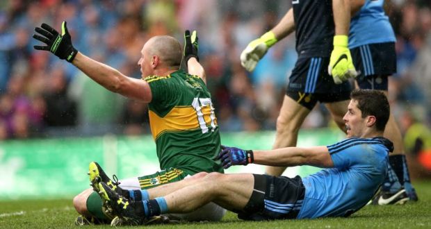  Kieran Donaghy appeals for a penalty after a clear drag down by Rory O’Carroll. Photograph: James Crombie/Inpho