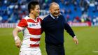 Japan head coach Eddie Jones and Kosei Ono celebrate after victory over South Africa in Pool B of the Rugby World Cup. Photograph: Eddie Keogh/Reuters