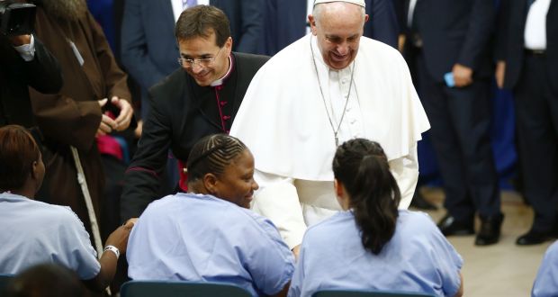 Pope Francis greets inmates at a correctional facility in Philadelphia on Sunday during his US visit. Photograph: Tony Gentile/pool 