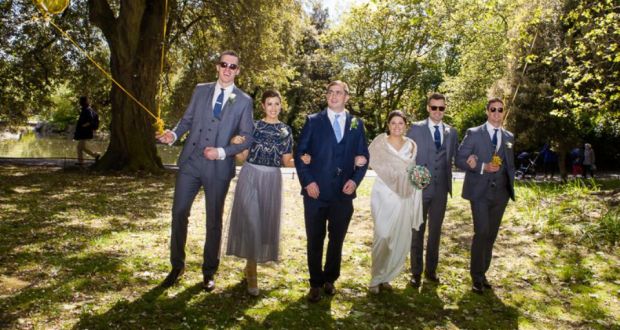 Mark Nally and Alison Garrett and part of their wedding party. Photograph: Suzanne Fahey of Circus Photography
