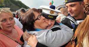 Able Comms Shauna Ferro gets a hug from mother Catherine on the LÉ Niamh’s return  to Haulbowline Naval Base, Cork after humanitarian and search-and-rescue operations in the Mediterranean. Photograph: Daragh McSweeney/Provision