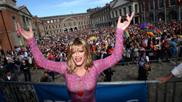 Panti (Rory O’Neill) in the court yard at Dublin Castle following the Yes vote in  for the Referendums on Marriage Equality. Photograph: Dara Mac Dónaill / The Irish Times