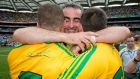Donegal manager Jim McGuinness celebrates with Neil  and Eamonn McGee after the victory over Dublin in the 2014 All-Ireland semi-final at Croke Park. Photograph: Morgan Treacy/Inpho