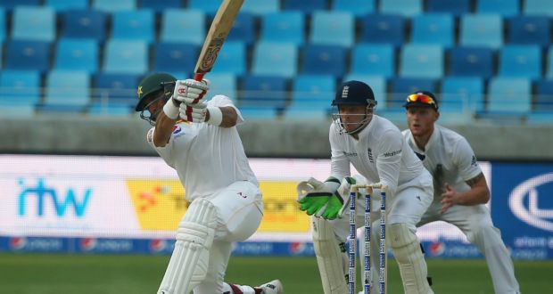Pakistan’s Misbah-ul-Haq plays a shot during the first day of the second Test against  England in Dubai. Photograph:  Getty Images