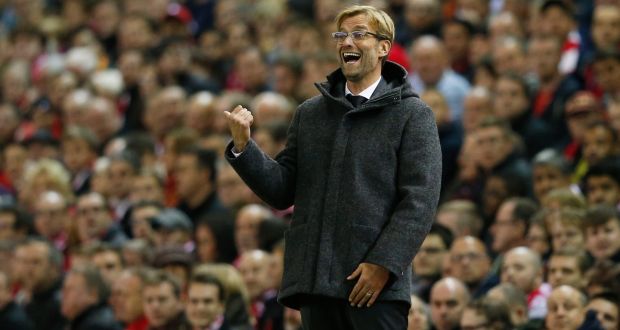 Liverpool manager Jürgen Klopp on the sideline during the Europa League Group B game agaibnst Rublin Kazan at Anfield. Photograph:   Phil Noble/Reuters/Livepic