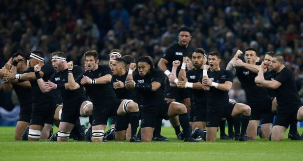 New Zealand perform the haka before the start of the quarter-final against France at the Millennium Stadium. Photograph: Peter Cziborra/Reuters