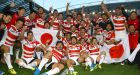 Japan players celebrate their momentous victory over South Africa in the pool section – the Brave Blossoms missed out on a place in the quarter-finals but won the hearts of the rugby world. Photograph: Getty Images