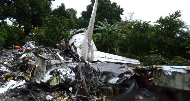 The scene of a cargo airplane that crashed after take-off near Juba airport in South Sudan on Wednesday. Photograph: Reuters