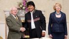President Michael D Higgins and Sabina Higgins with Bolivian president Evo Morales at Áras an Uachtaráin. Photograph: Eric Luke / The Irish Times