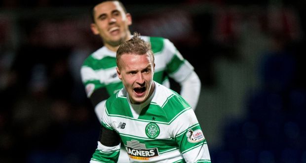  Leigh Griffiths celebrates scoring Celtic’s third goal at Dingwall yesterday. Photograph: Craig Watson/PA 