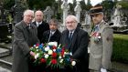 At Glasnevin Cemetery laying a wreath at the grave of Michael McWhite, an Irish citizen who fought for France during the first World War  and was awarded the Legion d’Honneur by the French government for his bravery, were from left: John Green, Chairman Glasnevin Trust;  Jean-Pierre Thebault, ambassador of France to Ireland; Laurent Somon, chairman of the Departmental Council of the Somme;  Jean-Marc Todeschini, French Minister of State for Remembrance and the Veterans, and Colonel Antoine de Loustal,  Defence Attaché. Photograph: Colm Mahady/Fennells 