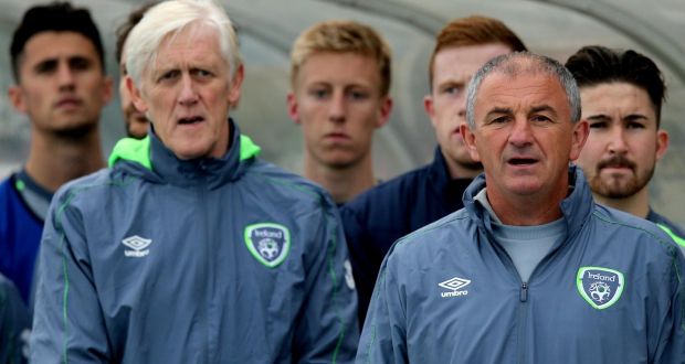 Republic of Ireland under-21 manager Noel King (right) is left with a huge task after the defeat to Lithuania. Photograph: Ryan Byrne/Inpho.