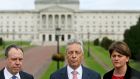 DUP leader Peter Robinson (centre) with Nigel Dodds (left) and Arlene Foste, at Stormont in Belfast. Photograph: Brian Lawless/PA