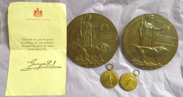 Two first World War medals, two next-of-kin memorial plaques, and a letter from Buckingham Palace