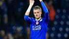 Leicester striker Jamie Vardy equalled a Premier League scoring record with his goal just before half-time against Newcastle at St James’ Park. Photograph: Nigel French/PA Wire.