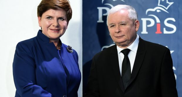 Poland’s prime minister Beata Szydlo and PiS party leader Jaroslaw Kaczynski: the new conservative government has taken control of the  country’s top court and secret services. Photograph:  Janek Skarzynski/AFP/Getty Images