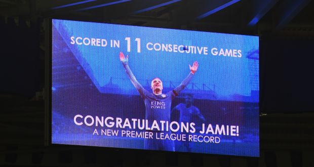 A message to congratulate Jamie Vardy  on the new Premier League record of scoring 11 consecutive games is displayed at the King Power Stadium: the Leicester striker’s 14 goals are 73 per cent of the average Premier League team’s 19 so far this  season. Photograph: Michael Regan/Getty Images