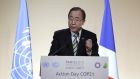 UN secretary general Ban Ki-Moon delivers a speech   at the World Climate Change Conference: he said  that he was confident an ambitious agreement could be reached. Photograph: Philippe Wojazer/AFP/Getty Images