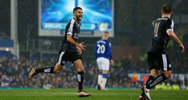 Riyad Mahrez scored twice from the spot as Leicester City ensured they will be top at Christmas with a 3-2 win at Everton. Photograph: Reuters