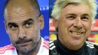 Bayern Munich’s headcoach Pep Guardiola and his soon to be replacement Carlo Ancelotti. Photograph: Getty Images