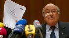 Fifa’s suspended president Sepp Blatter holds a news conference in Zurich, Switzerland on Monday. Photograph: Arnd Wiegmann/Reuters