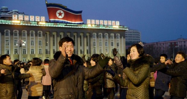 North Koreans dance to celebrate an alleged ‘successful hydrogen bomb’ test  in Pyongyang, North Korea. Photograph: Kyodo/Reuters 