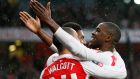 Joel Campbell celebrates after opening the scoring for Arsenal in their FA cup third-round match against Sunderland at Emirates Stadium. Photograph: Stefan Wermuth/Reuters/Livepic