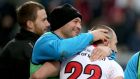 Rory Best congratulates Ian Humphreys after his try for Ulster in the Champions Cup victory over Oyonnax at Kingspan Stadium. Photograph: Dan Sheridan/Inpho