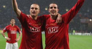 Nemanja Vidic celebrates with John O’Shea after Manchester United beat Chelsea to win the 2008 Champions League. Photo: Matthew Peters/Getty Images