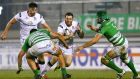 Ulster’s Darren Cave searching for space between Simone Ferrari and Tom Palmer of Treviso during the Guinness Pro 12 game at Stadio Comunale Monigo in Treviso. Photograph:  Matteo Ciambelli/Inpho