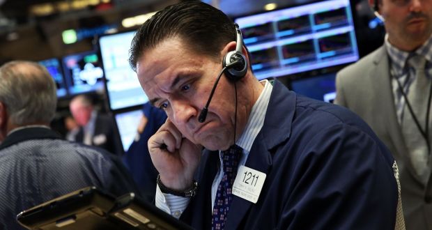  Traders on the floor of the New York Stock Exchange: the dollar index fell for a fourth day on the latest batch of soft US data, which dampened expectations for US interest rate hikes this year. Photograph: Spencer Platt/Getty Images