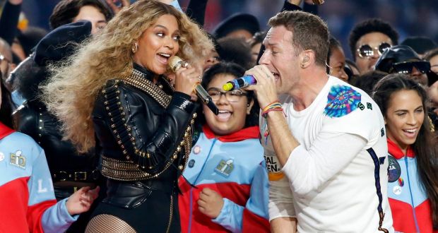 Beyonce and Chris Martin of Coldplay perform during half-time at the NFL’s Super Bowl 50 football game between the Carolina Panthers and the Denver Broncos in Santa Clara, California. Photograph: Lucy Nicholson/Reuters