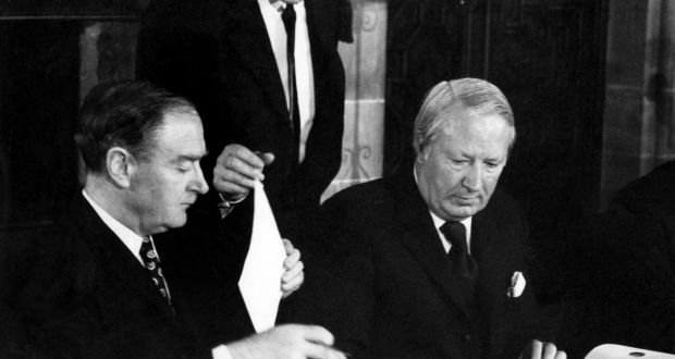  Taoiseach Mr Liam Cosgrave and British prime minister  Edward Heath sign the Sunningdale Agreement in December 1973