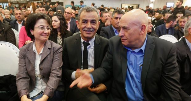 Israeli-Arab members of the Knesset Hanin Zoabi, Jamal Zahalka and Basel Ghattas: The three have been temporarily suspended from the Israeli parliament  over a meeting they held last week with the families of Palestinians killed while attacking Israelis. Photograph: Atef Safadi/EPA