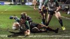 Connacht’s Eoghan Masterson stretches to score his side’s  third try during the Guinness Pro 12 game at Rodney Parade. Photograph:  Craig Thomas/Inpho