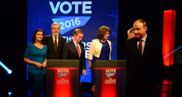 Party leaders at the TV3/Newstalk debate last night. Photograph: Cyril Byrne/The Irish Times