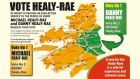 The map issued indicating which Healy-Rae brother should receive their first or second preference vote in different parts of Kerry.