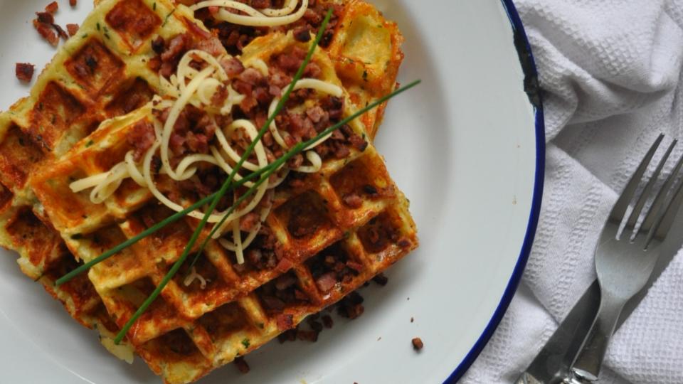 Give Me Five: Gruyère and chive potato waffles with bacon crumbs