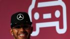 Mercedes Formula One driver Lewis Hamilton during his speech at the Mobile World Congress in Barcelona yesterday. Photograph: Albert Gea/Reuters