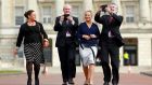 Deputy First Minister of Northern Ireland Martin McGuinness  walks with Sinn Fein leader Gerry Adams  and party colleagues Mary Lou McDonald  and Michelle O’Neill  outside Stormont. REUTERS/Cathal McNaughton