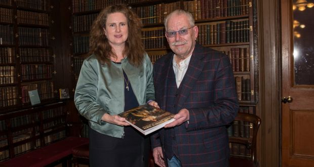 Grace Brady of the famine museum at Quinnipiac University, Connecticut, with  Robert Ballagh at the launch of ‘In The Lion’s Den, Daniel MacDonald, Ireland and Empire’ by Niamh O’Sullivan at the RIA, Dublin. Photograph: Brenda Fitzsimons