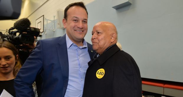 Leo Varadkar is greeted by his father Ashok at the Dublin West count centre. Photograph: Alan Betson 