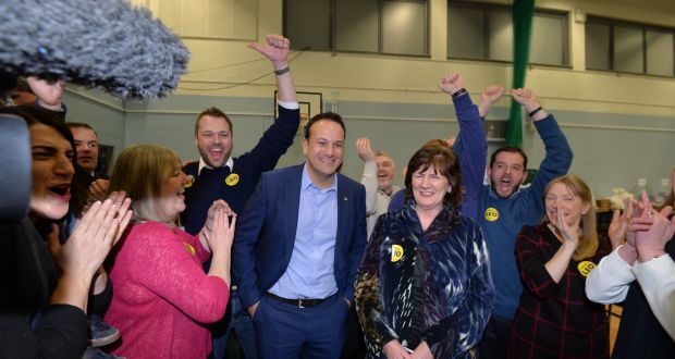  Leo Varadkar celebrates being re-elected with his mother Miriam and supporters at the Dublin West count centre at Phibblestown near Ongar. Photograph: Alan Betson 