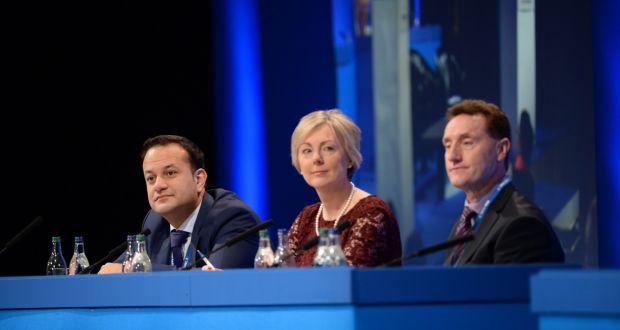 Minister for Health Leo Varadkar,  Regina Doherty and Peter Fitzpatrick at the Fine Gael Ardfheis. Photograph: Dara Mac Dónaill 
